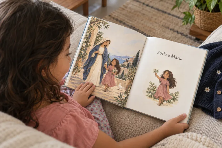Cena ilustrativa de uma criança reconhecendo seu personagem no livro com Maria