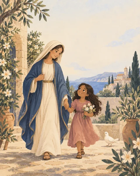 Ilustração de exemplo de Maria e uma criança em um jardim